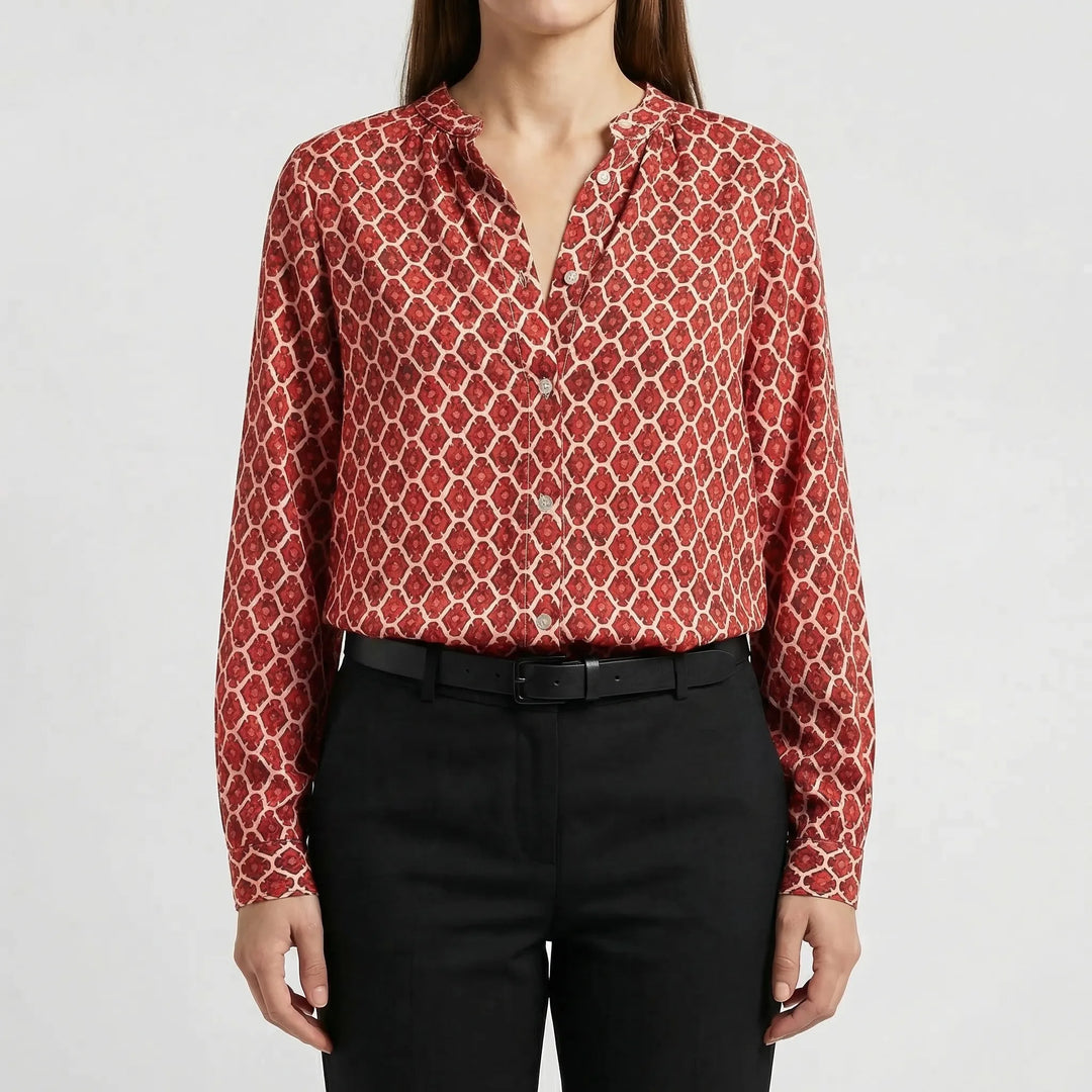 Velvara - Long Sleeve V-Neck Printed Blouse