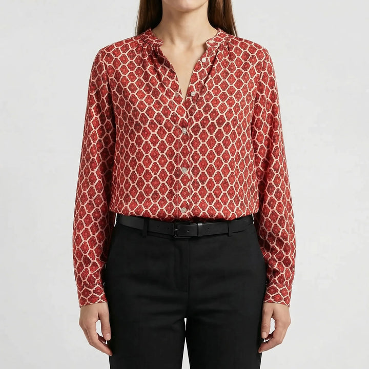 Velvara - Long Sleeve V-Neck Printed Blouse