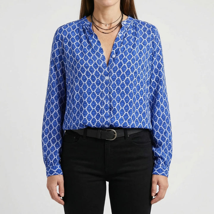 Velvara - Long Sleeve V-Neck Printed Blouse