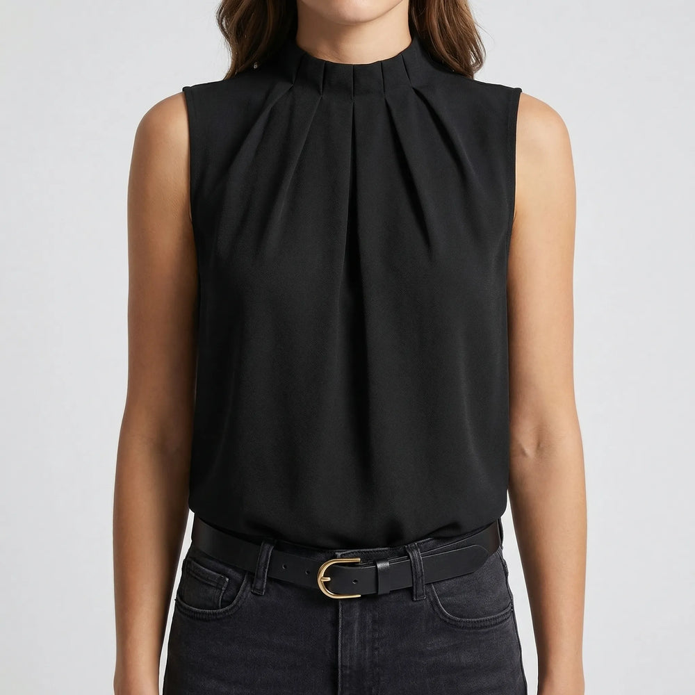 Velvoria - Mock Neck Blouse With Mesh Sleeve Panels