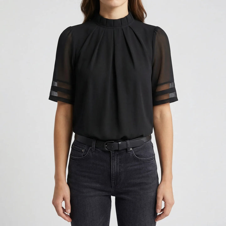 Velvoria - Mock Neck Blouse With Mesh Sleeve Panels