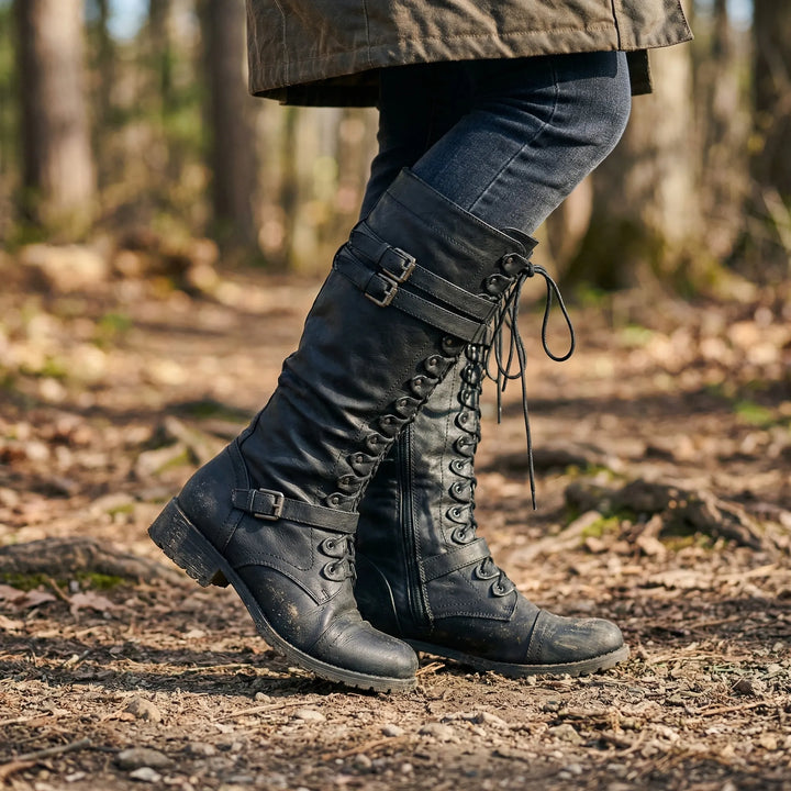 Vintrace - Tall Lace-Up Buckle Combat Boot