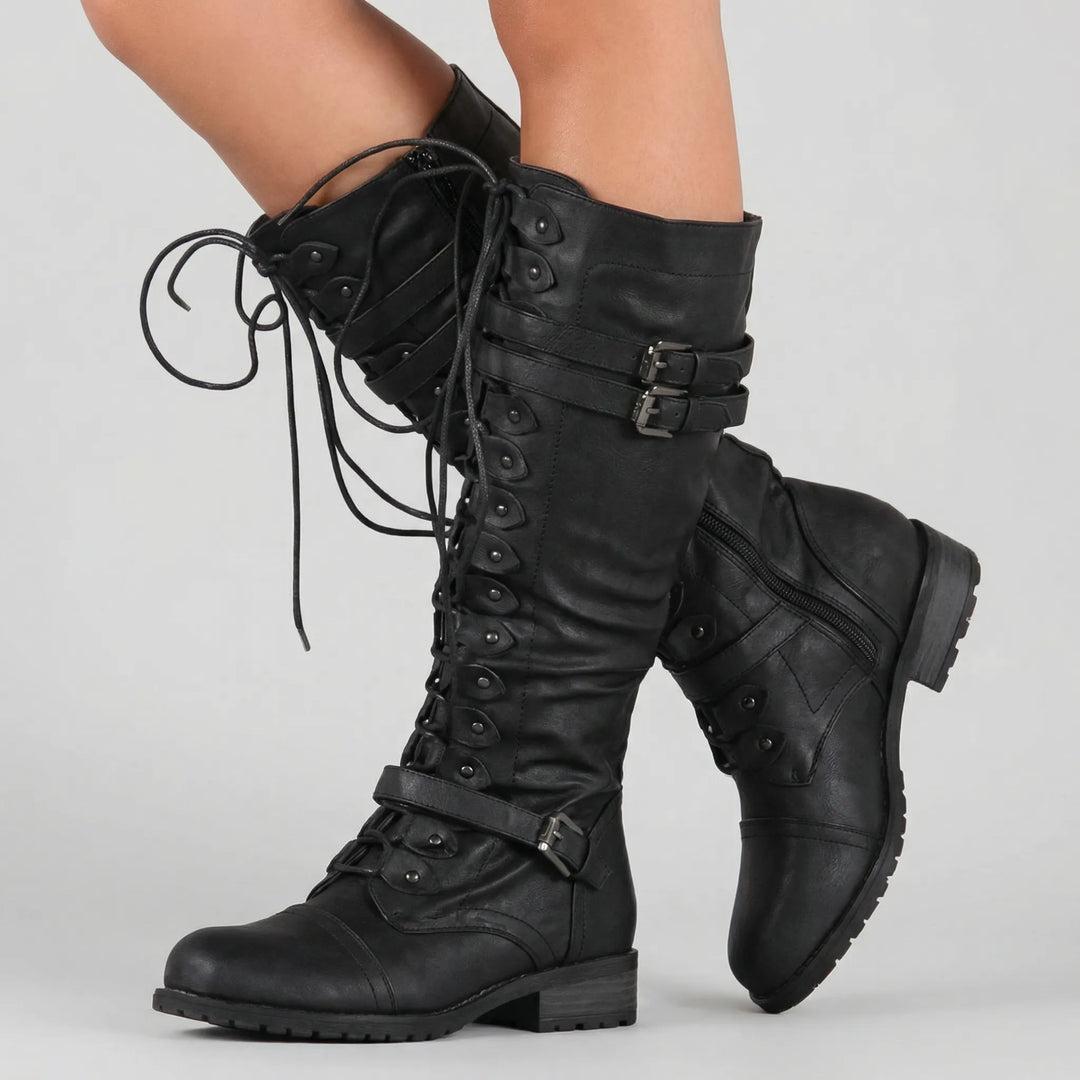 Vintrace - Tall Lace-Up Buckle Combat Boot