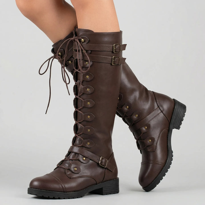 Vintrace - Tall Lace-Up Buckle Combat Boot