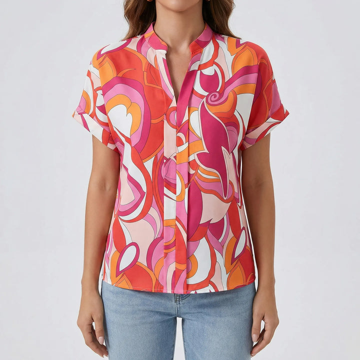 Vivorra - V-Neck Drop-Shoulder Printed Blouse