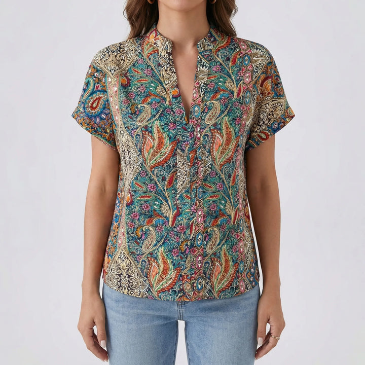 Vivorra - V-Neck Drop-Shoulder Printed Blouse