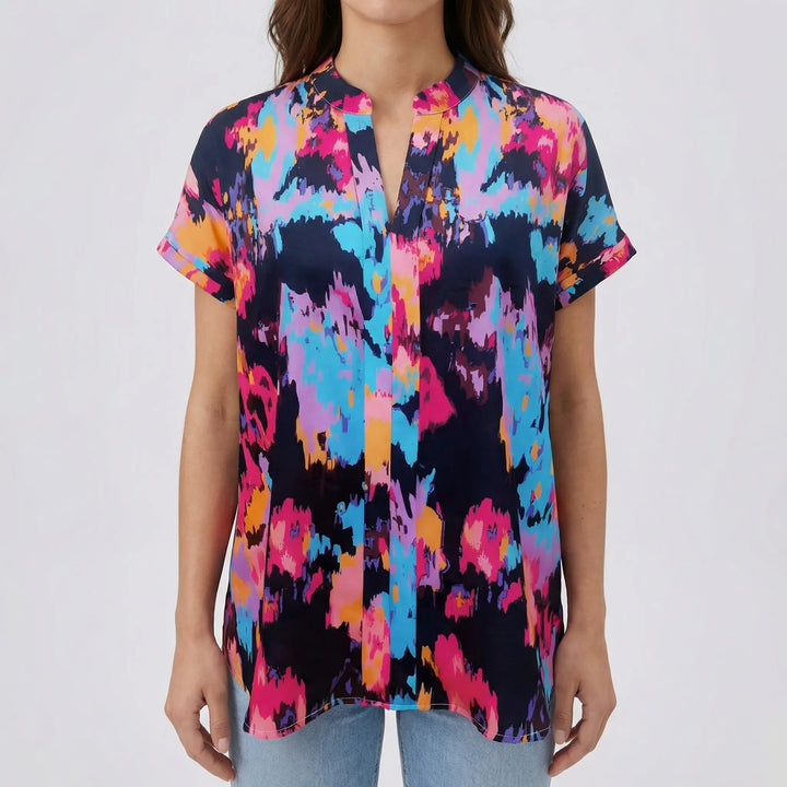 Vivorra - V-Neck Drop-Shoulder Printed Blouse
