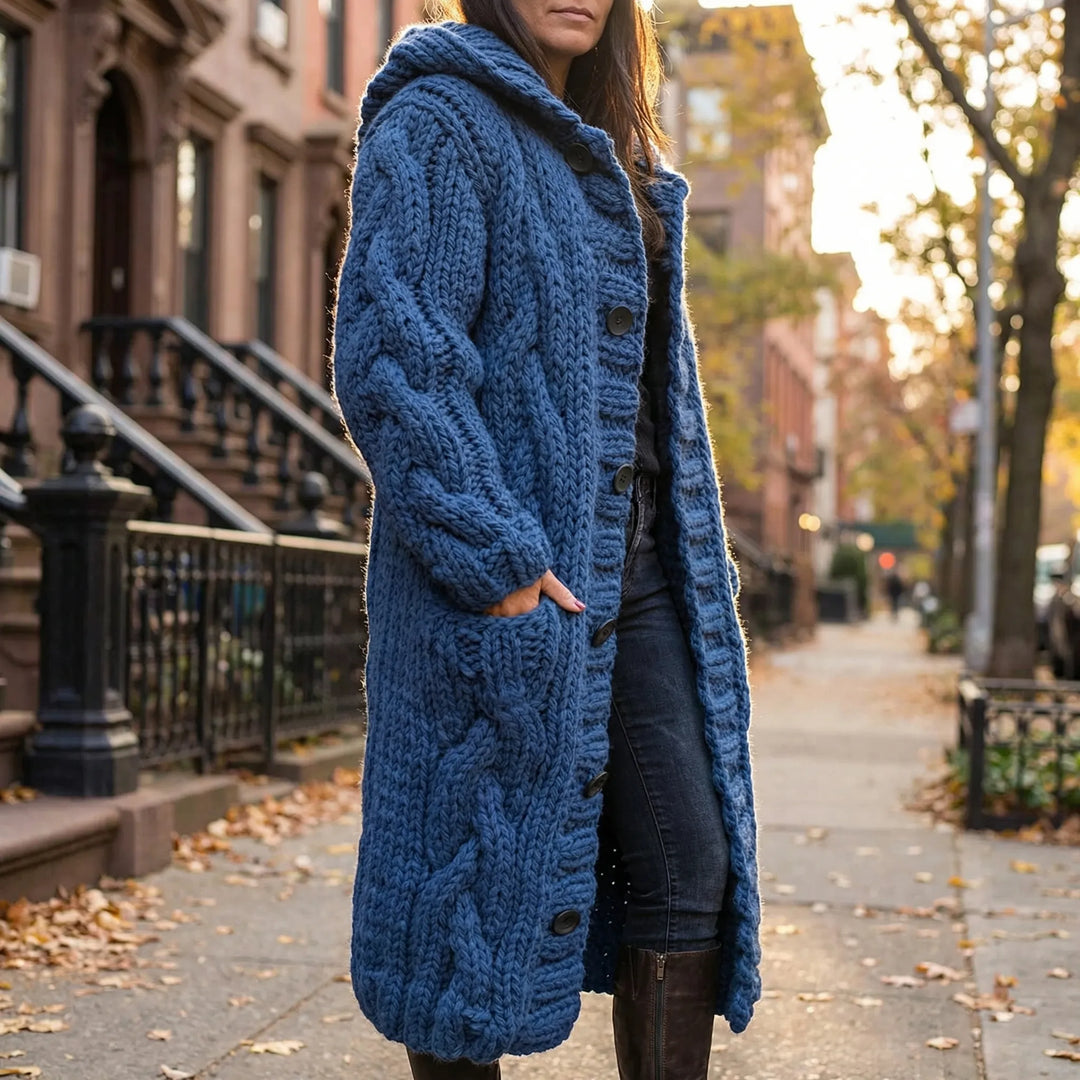 Wovenza - Long Cable-Knit Hooded Coat
