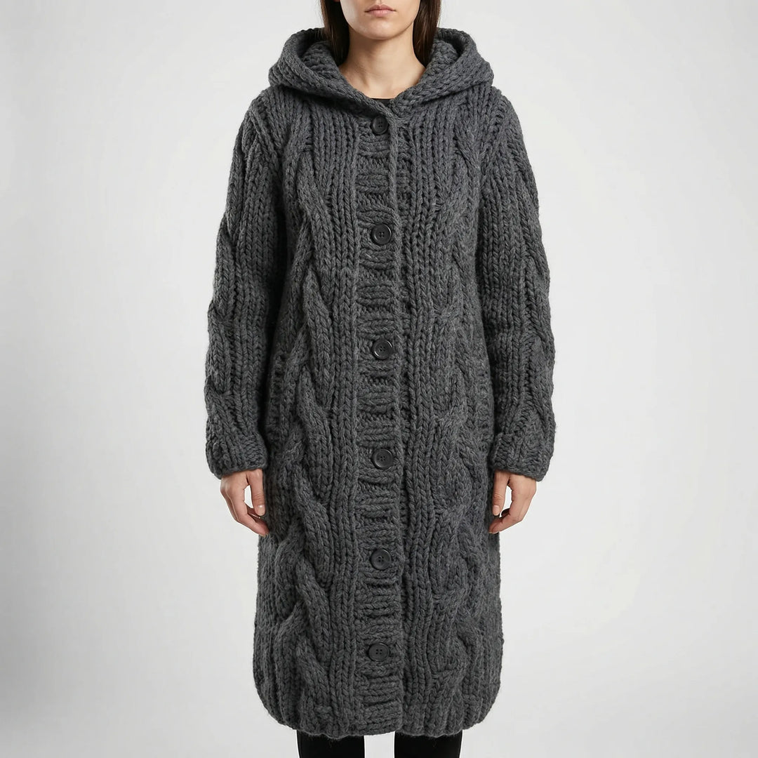 Wovenza - Long Cable-Knit Hooded Coat