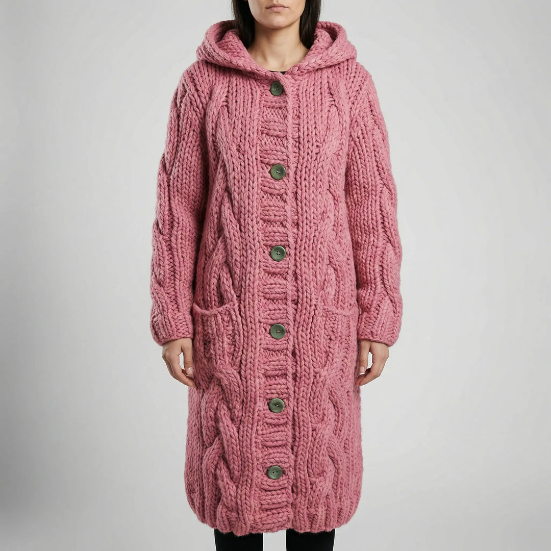 Wovenza - Long Cable-Knit Hooded Coat