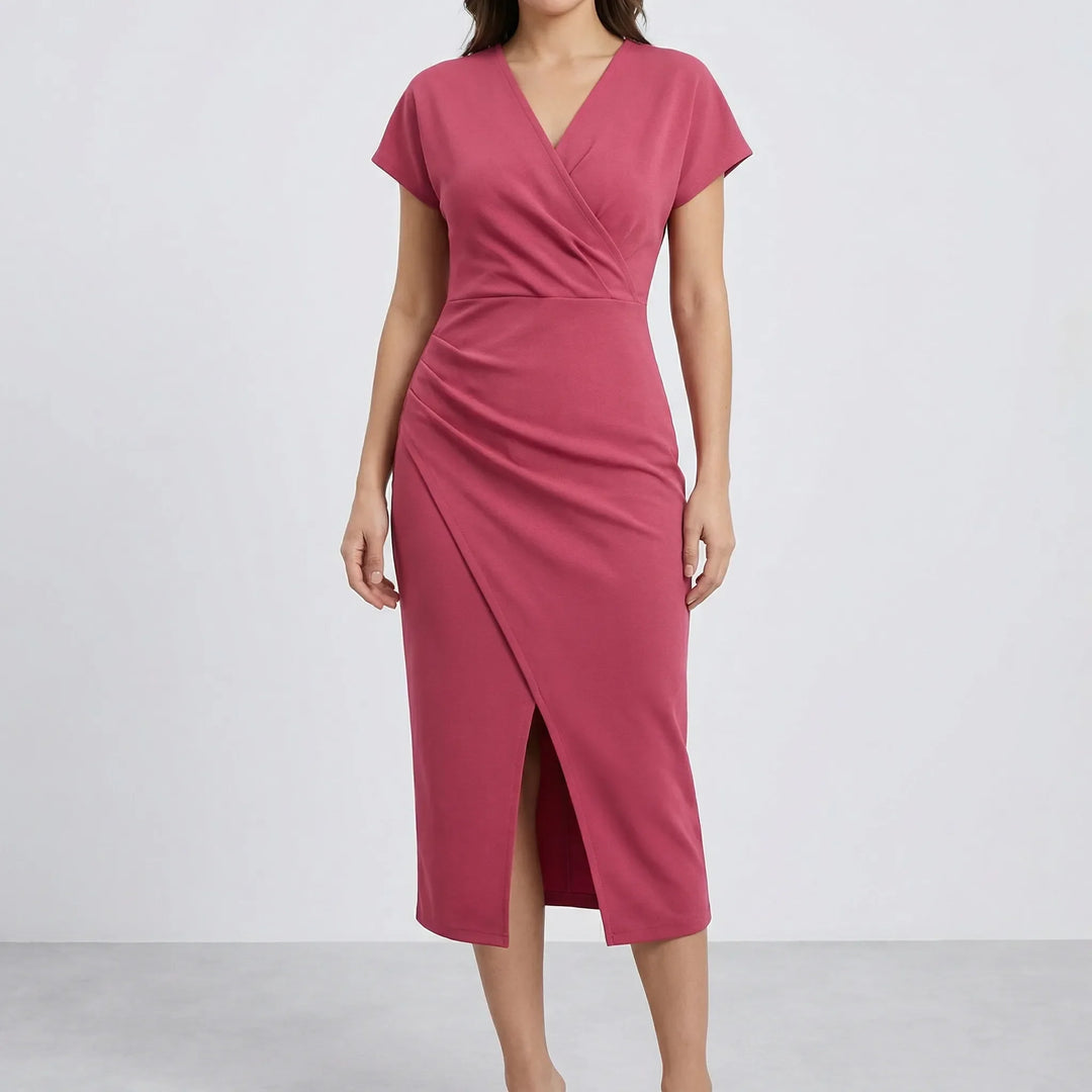 Wrapsova - Short-Sleeve Wrap-Style Midi Dress