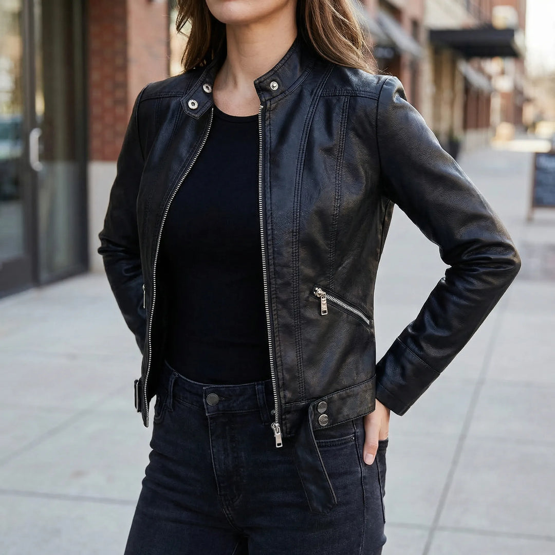 Zephirra - Stand Collar Zip-Front Biker Jacket