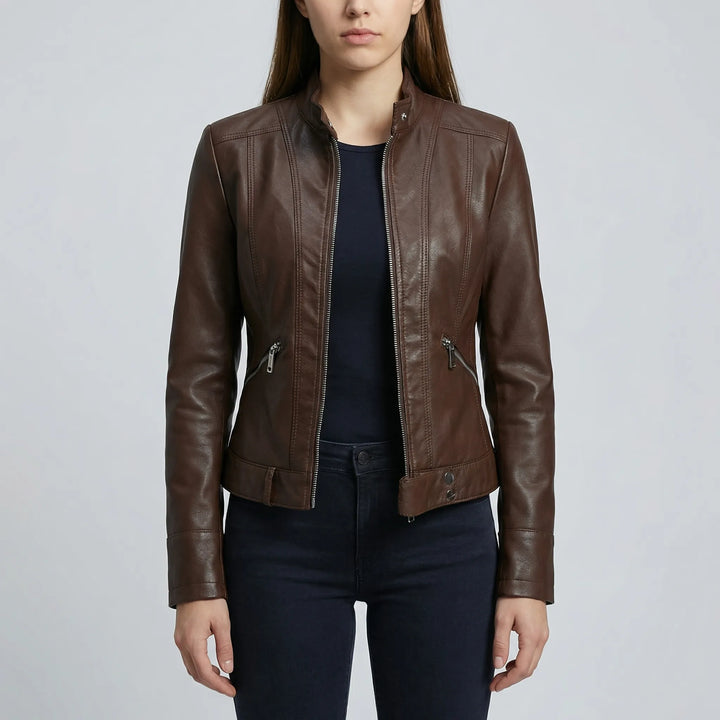 Zephirra - Stand Collar Zip-Front Biker Jacket