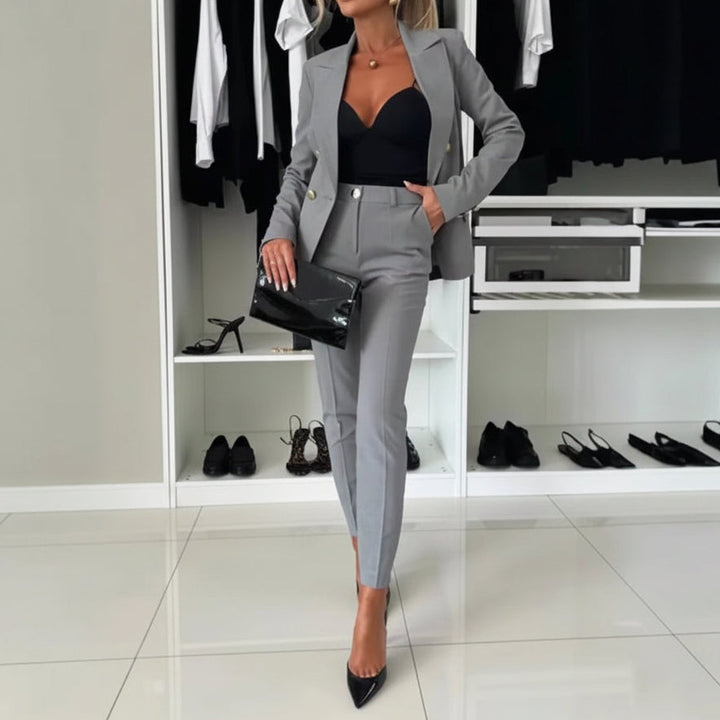 Women's Casual Lapel Button-Down Jacket and Slim Trousers Suit Set