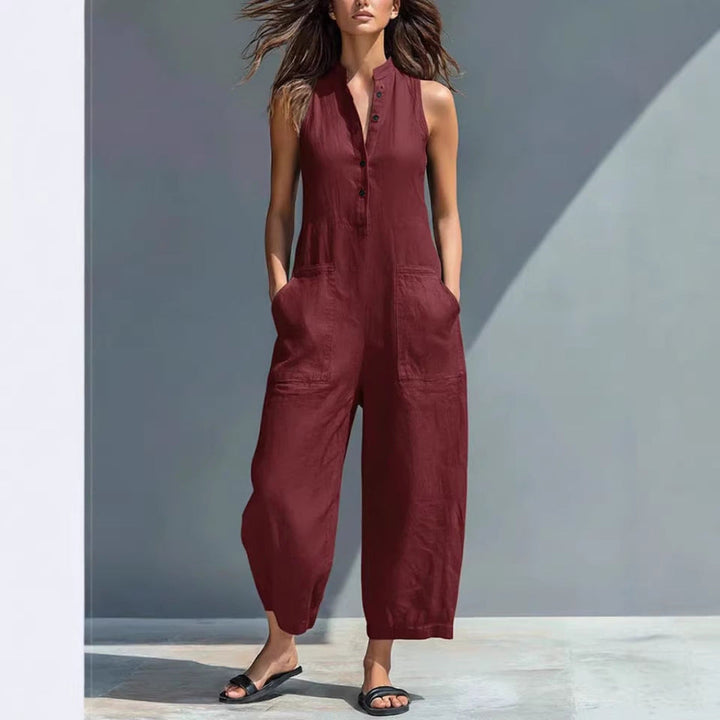 Sleeveless V-Neck Jumpsuit With Pockets Casual Wide-Leg Trousers