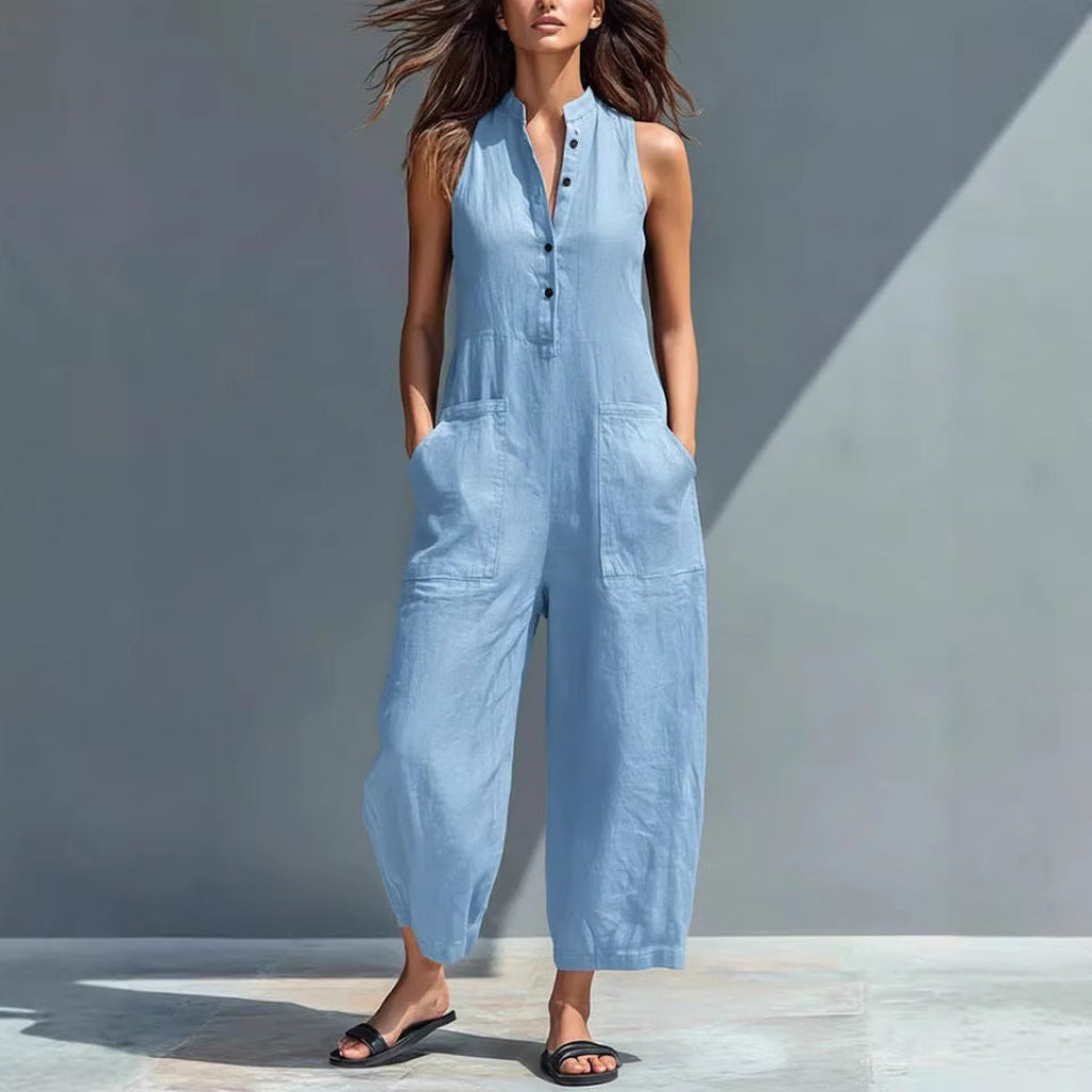 Sleeveless V-Neck Jumpsuit With Pockets Casual Wide-Leg Trousers