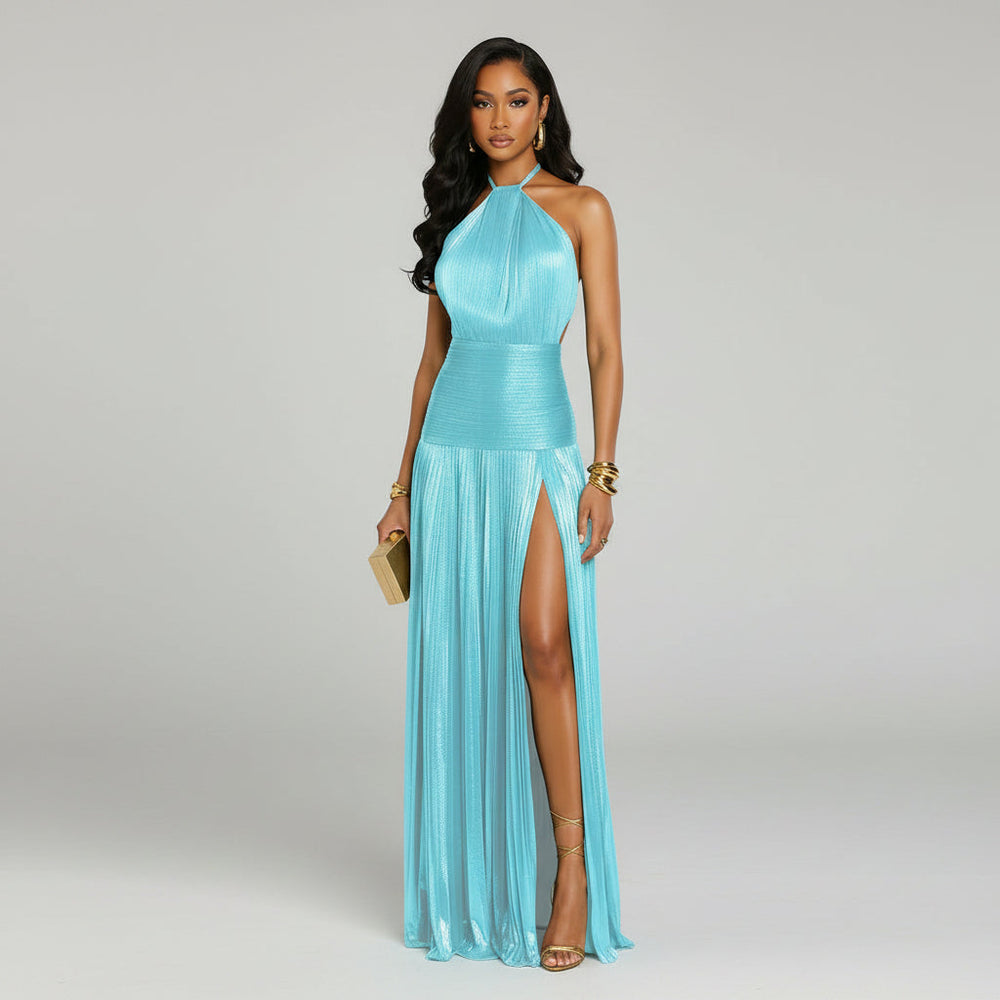 Pleated Halter Neck Long Dress Split Sleeveless Evening Party