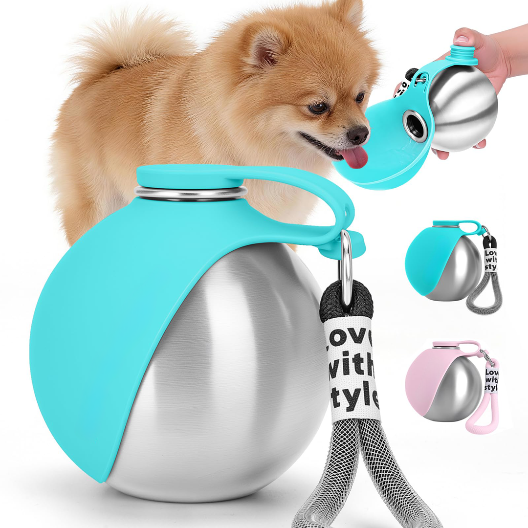 Portable Dog Water Bottle 10oz Stainless Steel Travel Dog Water Dispenser With Bowl No-Spill Puppy Water Bottle For Walking Hiking Small Dog Water Bottle