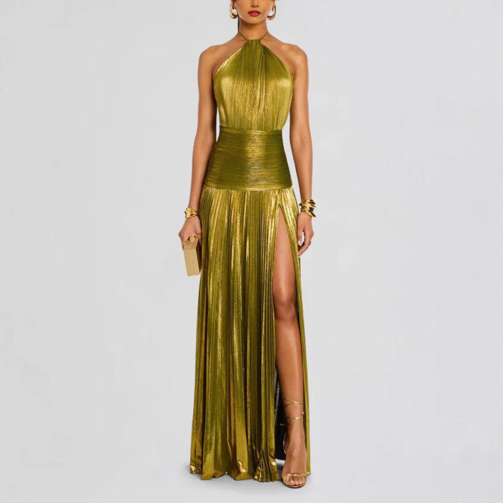 Pleated Halter Neck Long Dress Split Sleeveless Evening Party