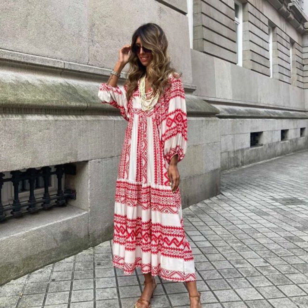 Vintage Floral Print V-Neck Short Sleeve Long Dress