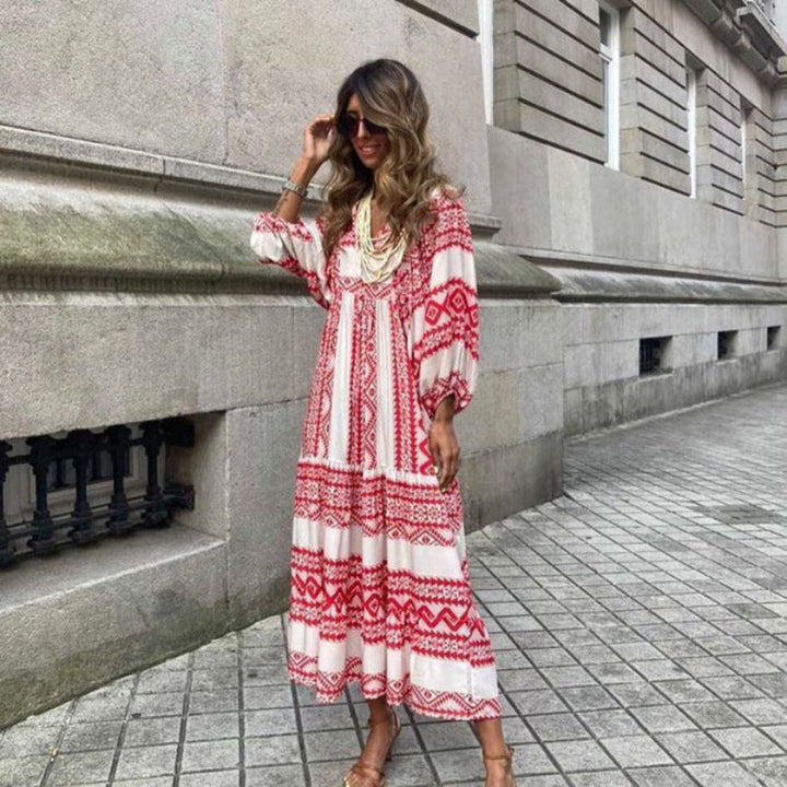 Vintage Floral Print V-Neck Short Sleeve Long Dress