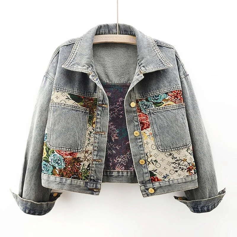 Blommig Denimjacka för Kvinnor