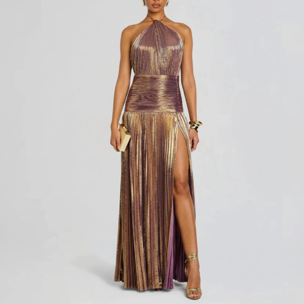 Pleated Halter Neck Long Dress Split Sleeveless Evening Party