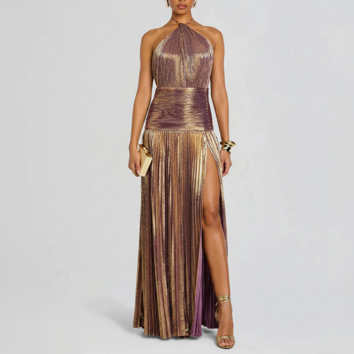 Pleated Halter Neck Long Dress Split Sleeveless Evening Party