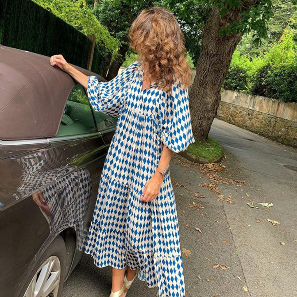 Vintage Floral Print V-Neck Short Sleeve Long Dress