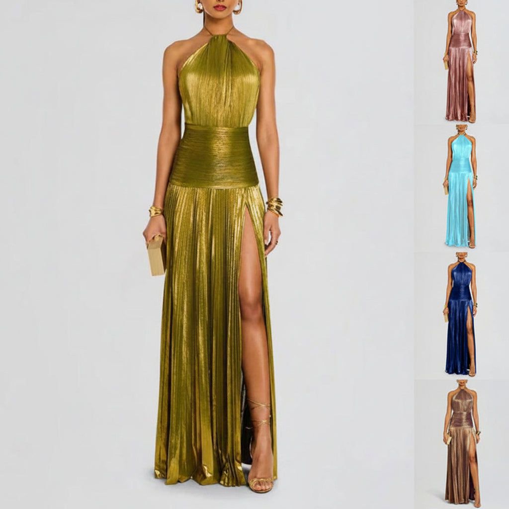 Pleated Halter Neck Long Dress Split Sleeveless Evening Party