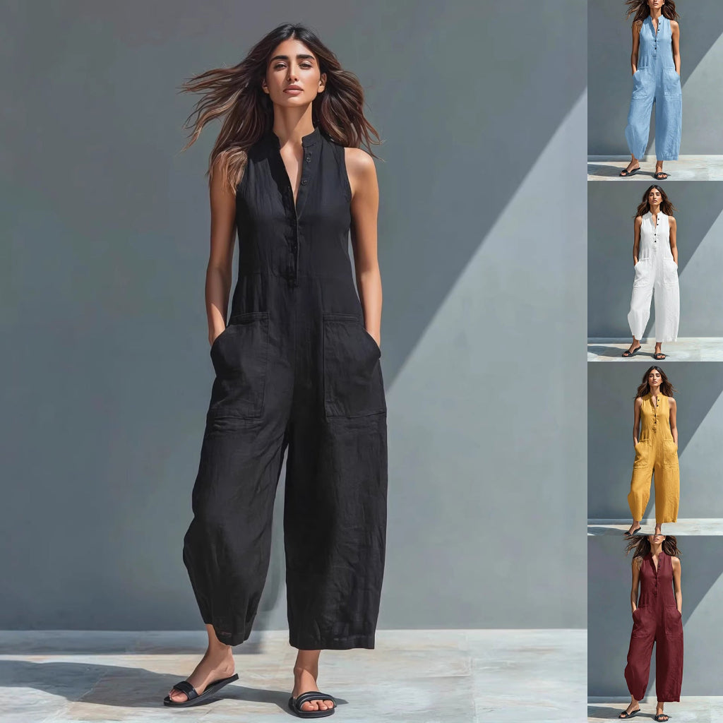 Sleeveless V-Neck Jumpsuit With Pockets Casual Wide-Leg Trousers
