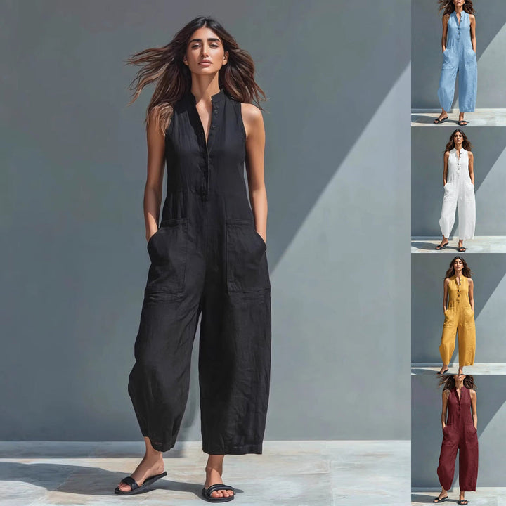 Sleeveless V-Neck Jumpsuit With Pockets Casual Wide-Leg Trousers