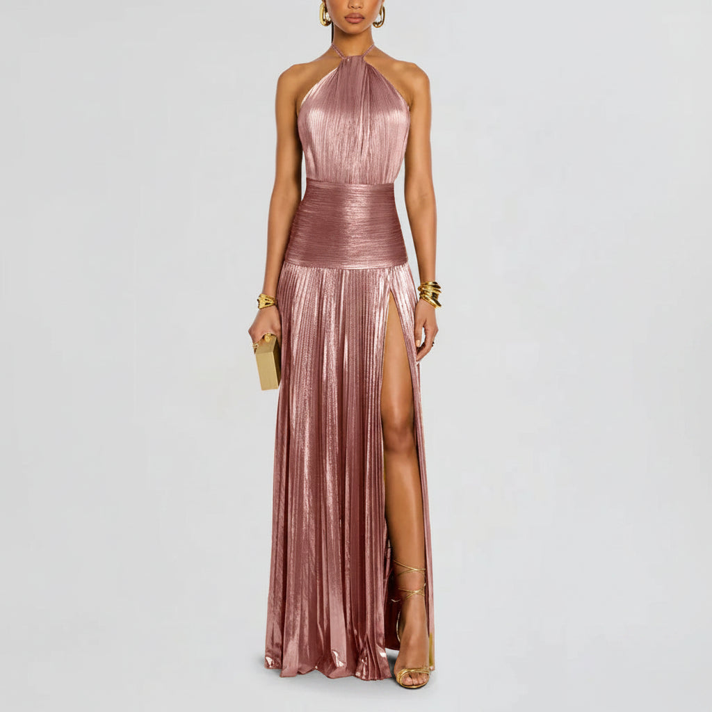Pleated Halter Neck Long Dress Split Sleeveless Evening Party