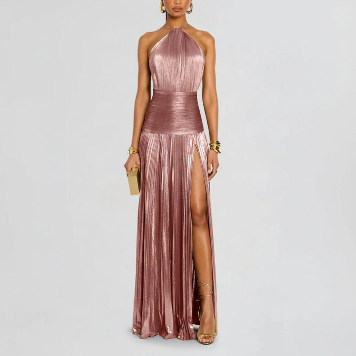 Pleated Halter Neck Long Dress Split Sleeveless Evening Party