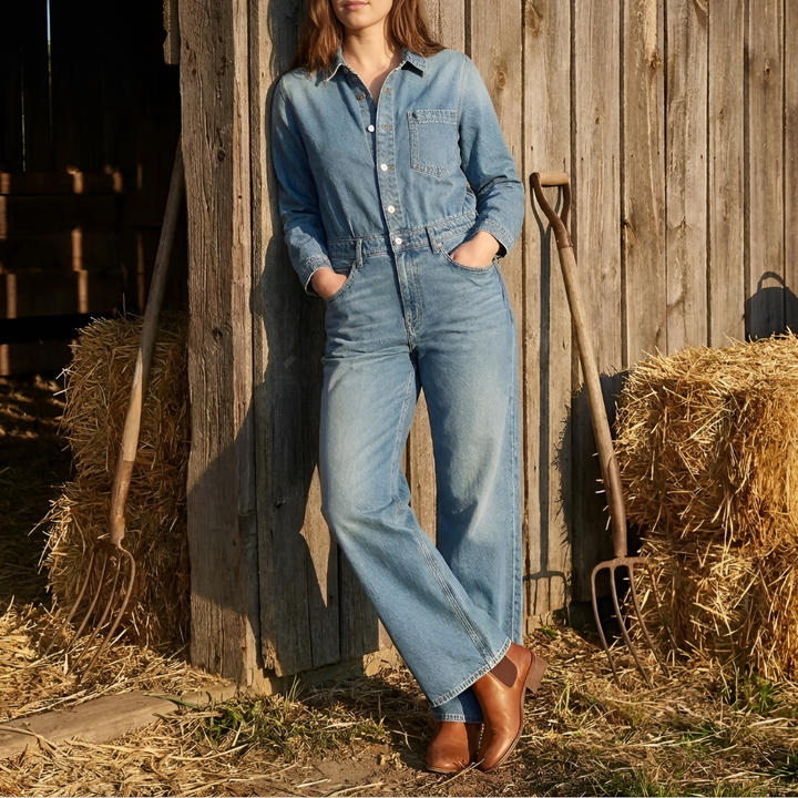 Långärmad Bredben Denim Jumpsuit