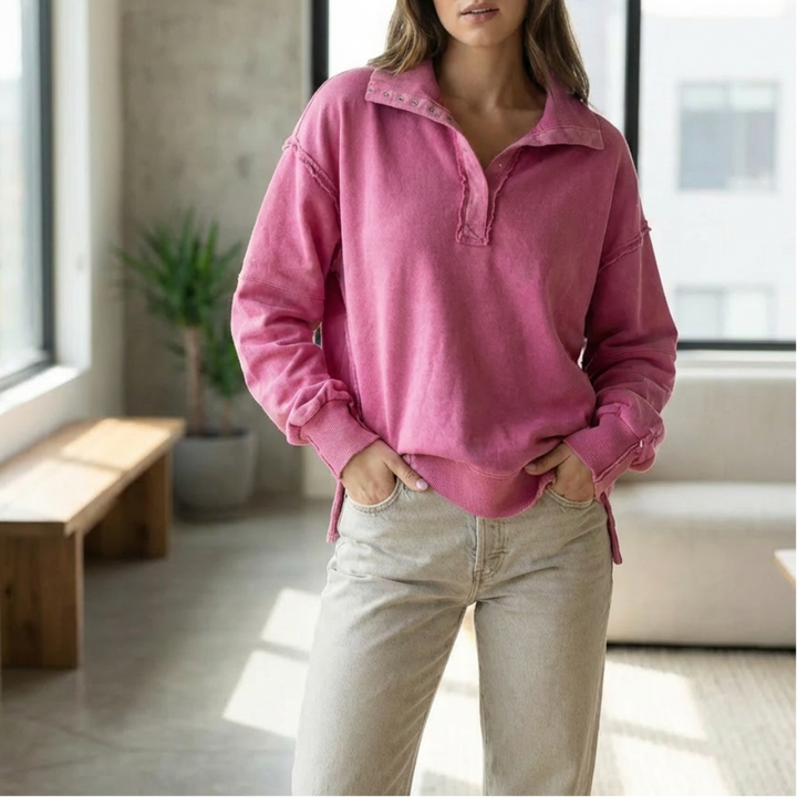 Oversized Henley med sidoflik för kvinnor