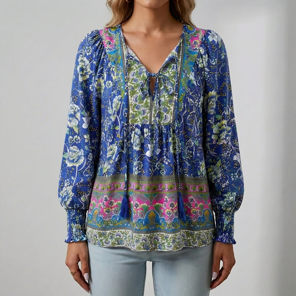 Blommig Boho Blus för Kvinnor