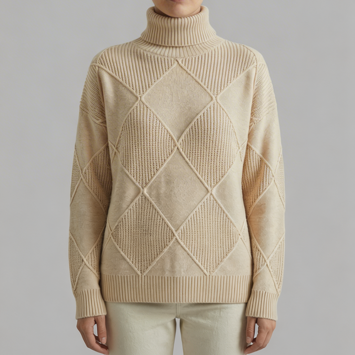 Turtleneck Diamond-Knit Pullover Tröja för Kvinnor