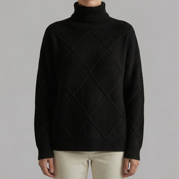 Turtleneck Diamond-Knit Pullover Tröja för Kvinnor