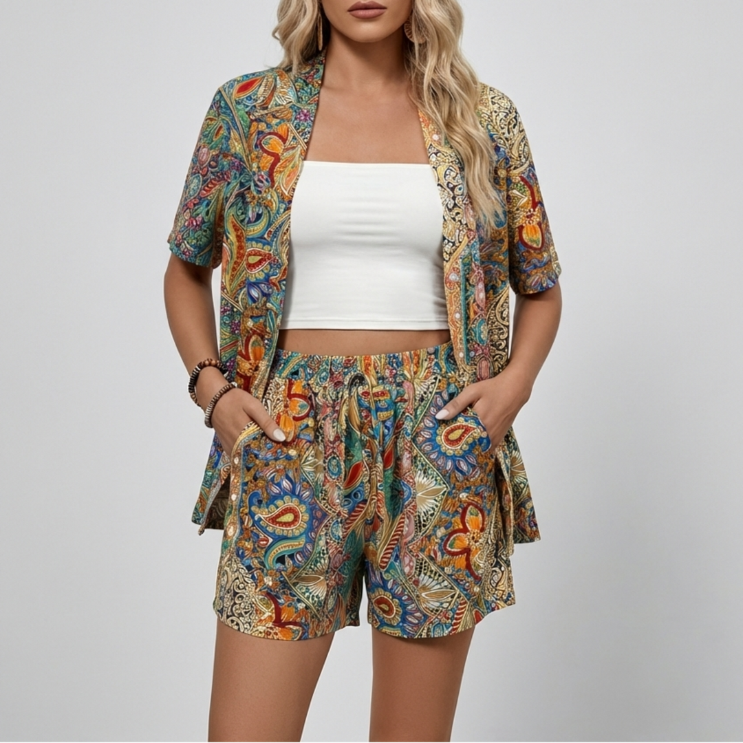 Blommig Tryck Kimono Skjorta Och Shorts Set