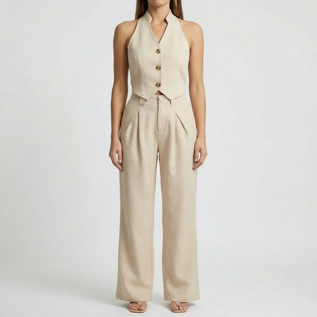 Ärmlös V-ringad Knapp-Fram Jumpsuit