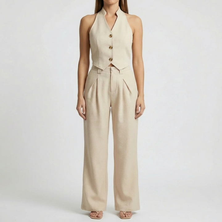 Ärmlös V-ringad Knapp-Fram Jumpsuit