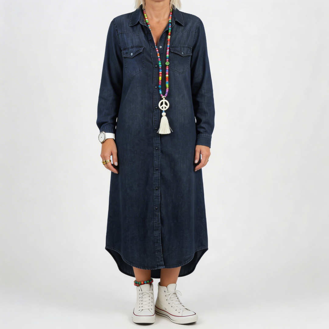 Langärmad knapp-ned denimklänning