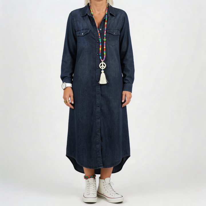 Langärmad knapp-ned denimklänning
