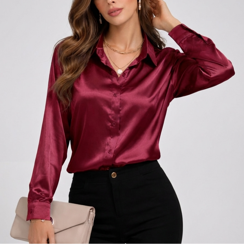 Kvinnors Satin Loose Fit Long Sleeve Blouse