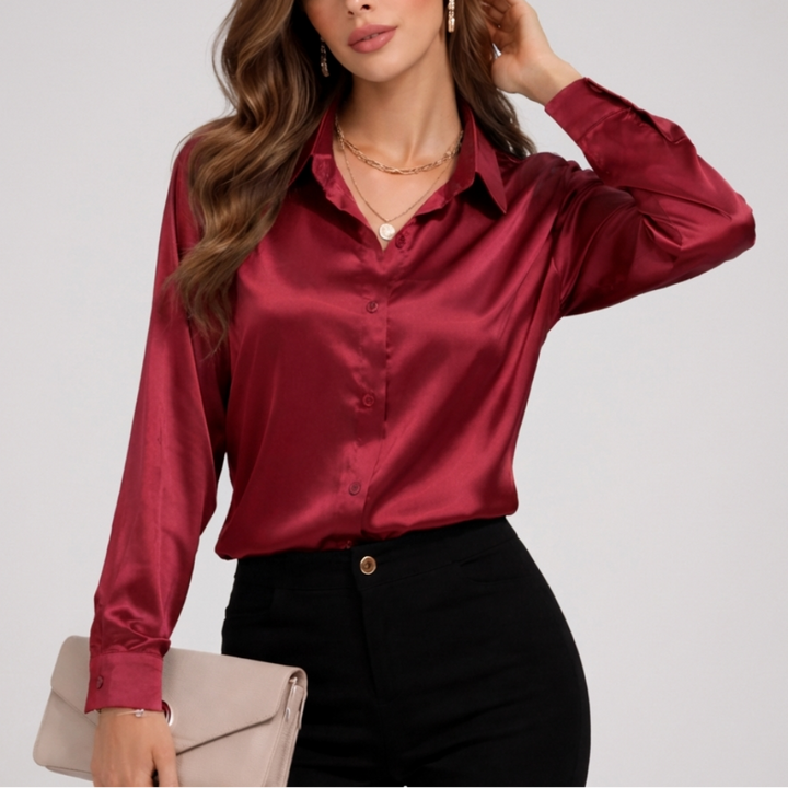 Kvinnors Satin Loose Fit Long Sleeve Blouse