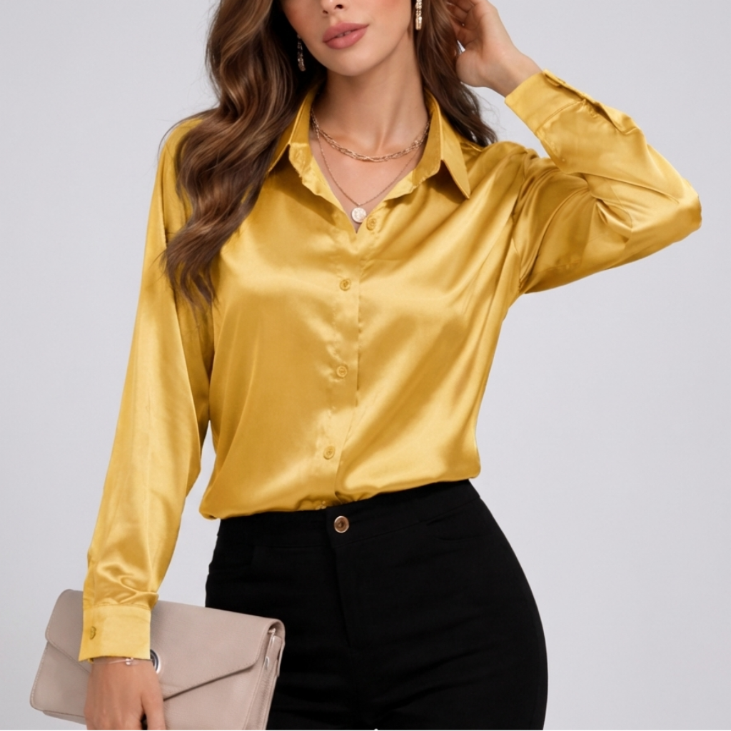 Kvinnors Satin Loose Fit Long Sleeve Blouse