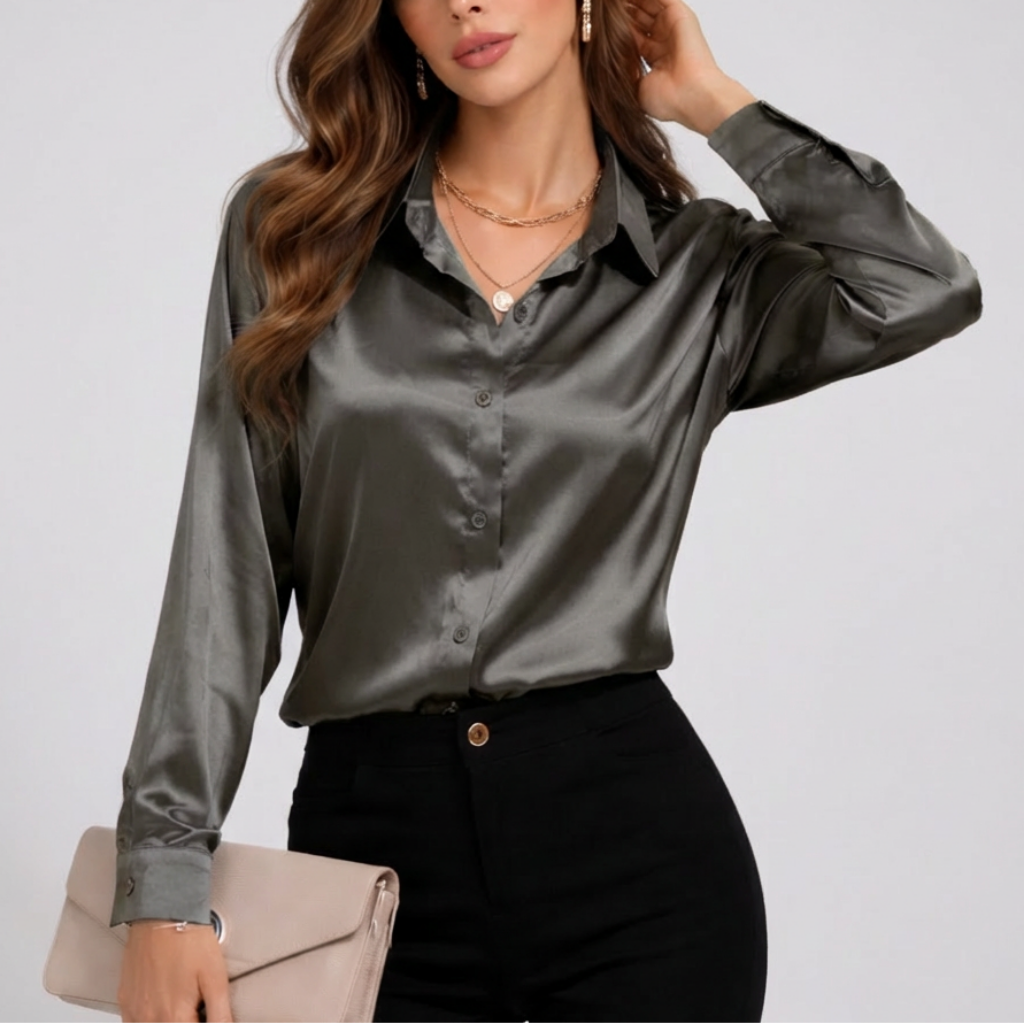 Kvinnors Satin Loose Fit Long Sleeve Blouse