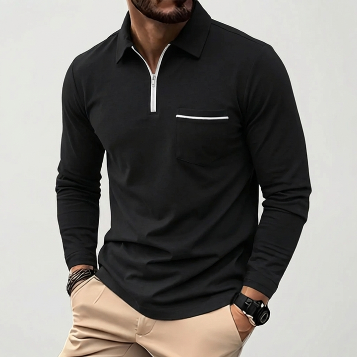 Langärmad zip polo med bröstficka