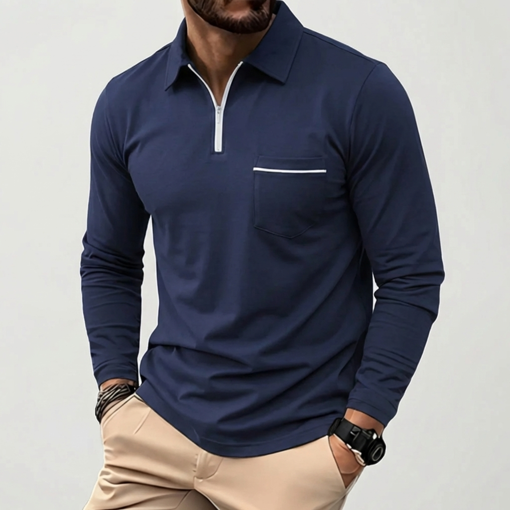 Langärmad zip polo med bröstficka